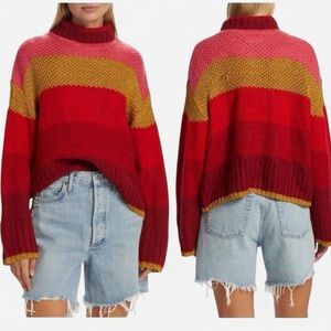 FARM Rio Shiny Chunky Knit Striped Sweater Mock Neck Metallic XL NWT